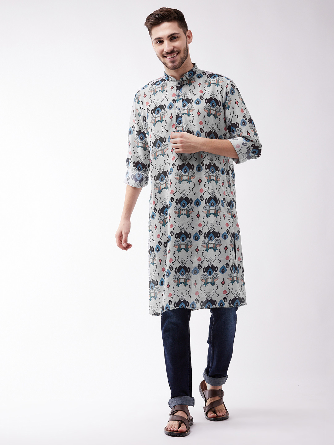 

VASTRAMAY Men Grey & Multicoloured Tribal Printed Kurta
