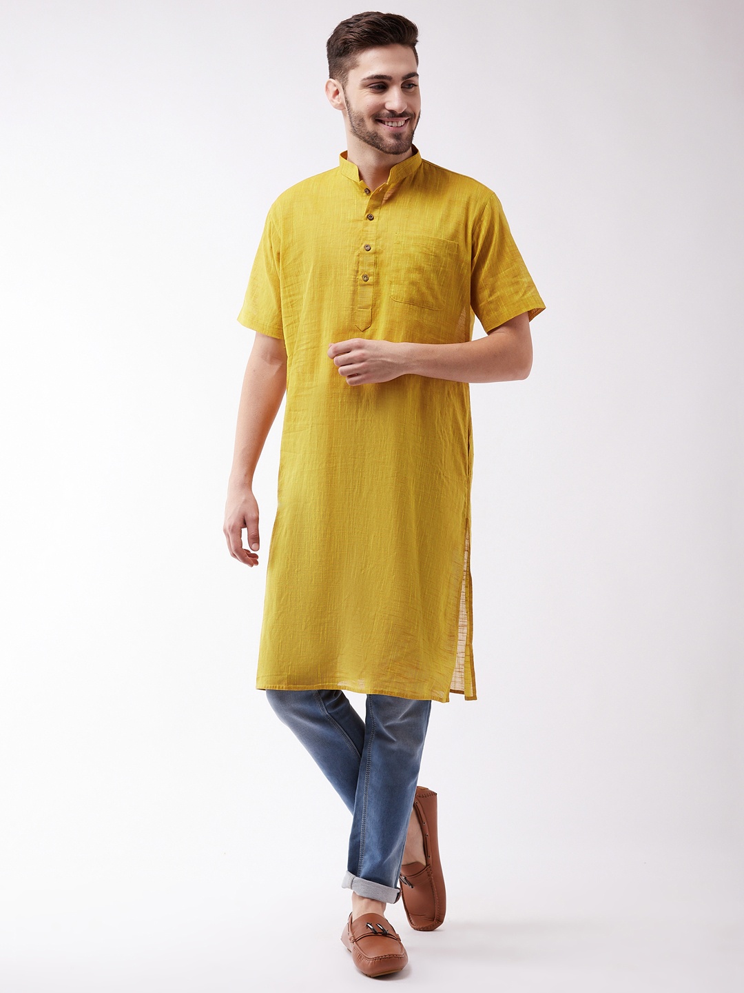

VASTRAMAY Men Yellow Cotton Handloom Kurta