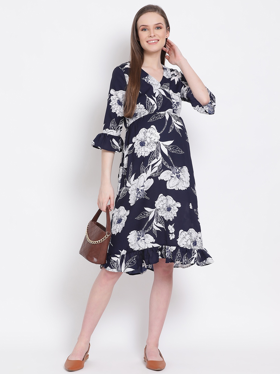 

Oxolloxo Women Navy Blue Printed Maternity Wrap Dress