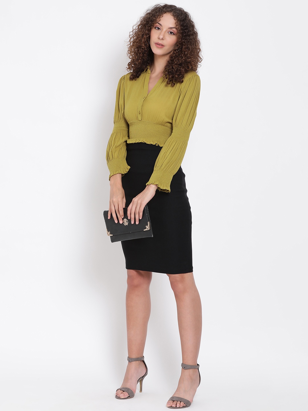 

Oxolloxo Olive Green Crepe Blouson Crop Top