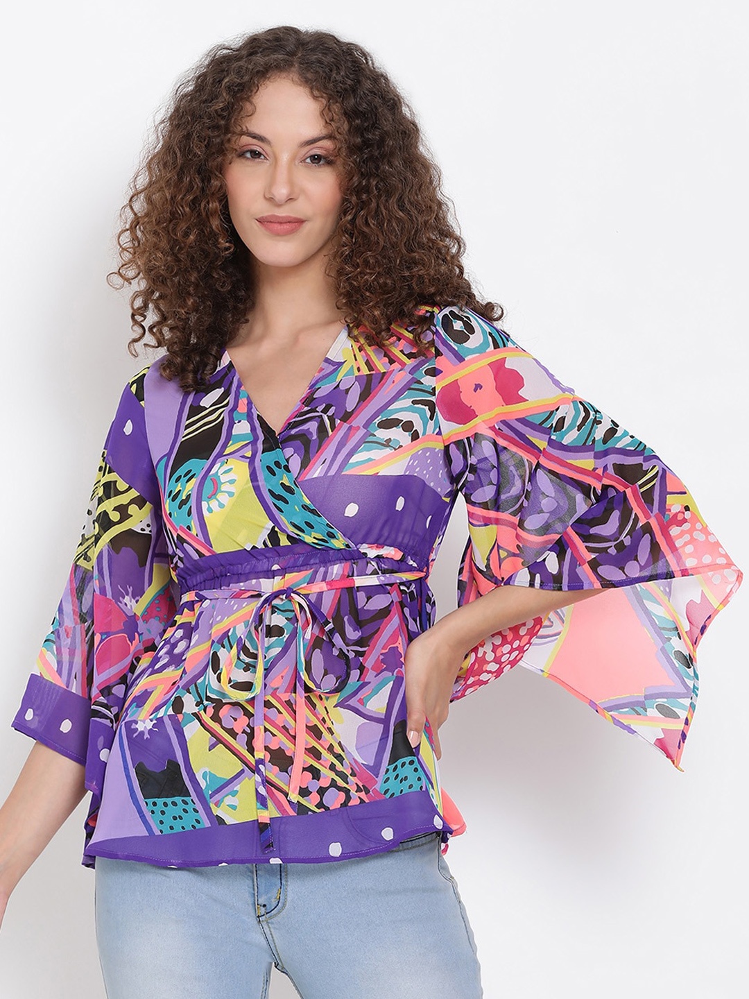 

Oxolloxo Violet & Pink Printed Flared Sleeves Wrap Top