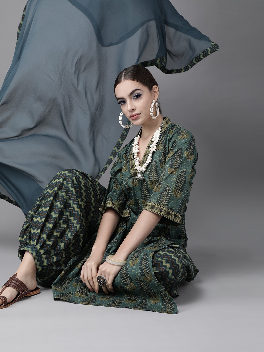 

Libas Women Green Pure Cotton Printed Kurta with Salwar & & Dupatta