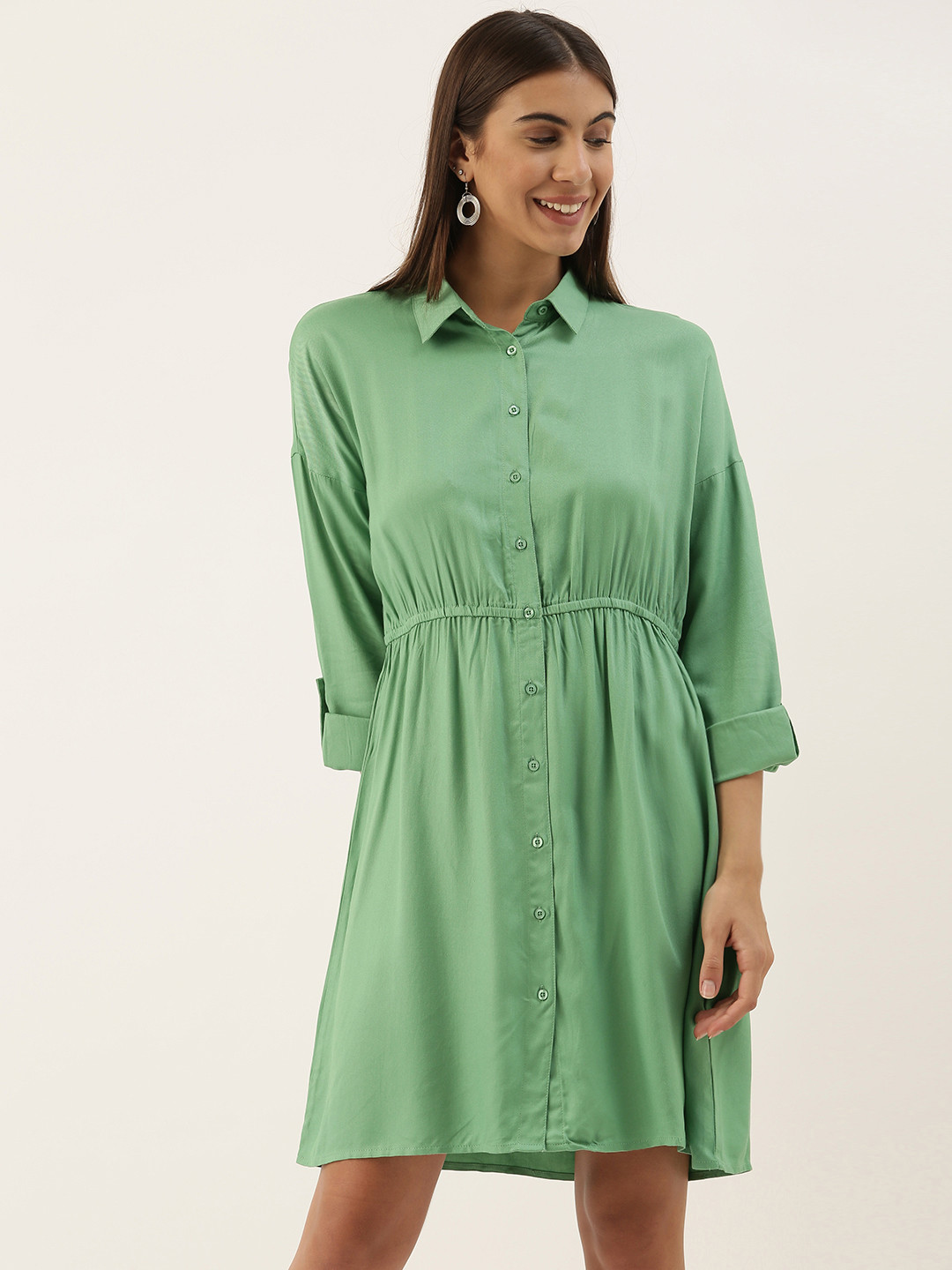

Flying Machine Women Green Solid Shirt Dress