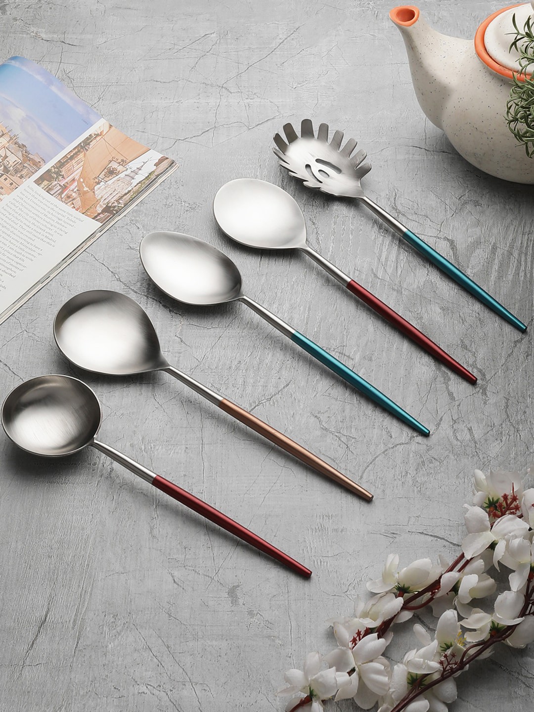 

VarEesha Set of 5 Handles Matt Finish Stainless Steel Serving Spoons, Silver