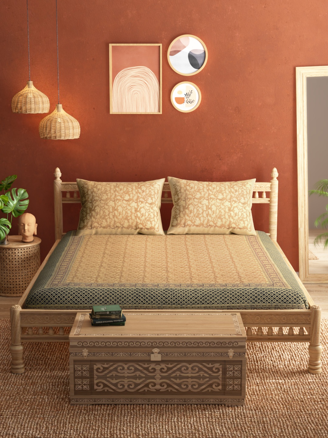 

Taavi Beige Ethnic Motifs Bagru Hand Block Print 120 TC Queen Bedsheet & 2 Pillow Covers