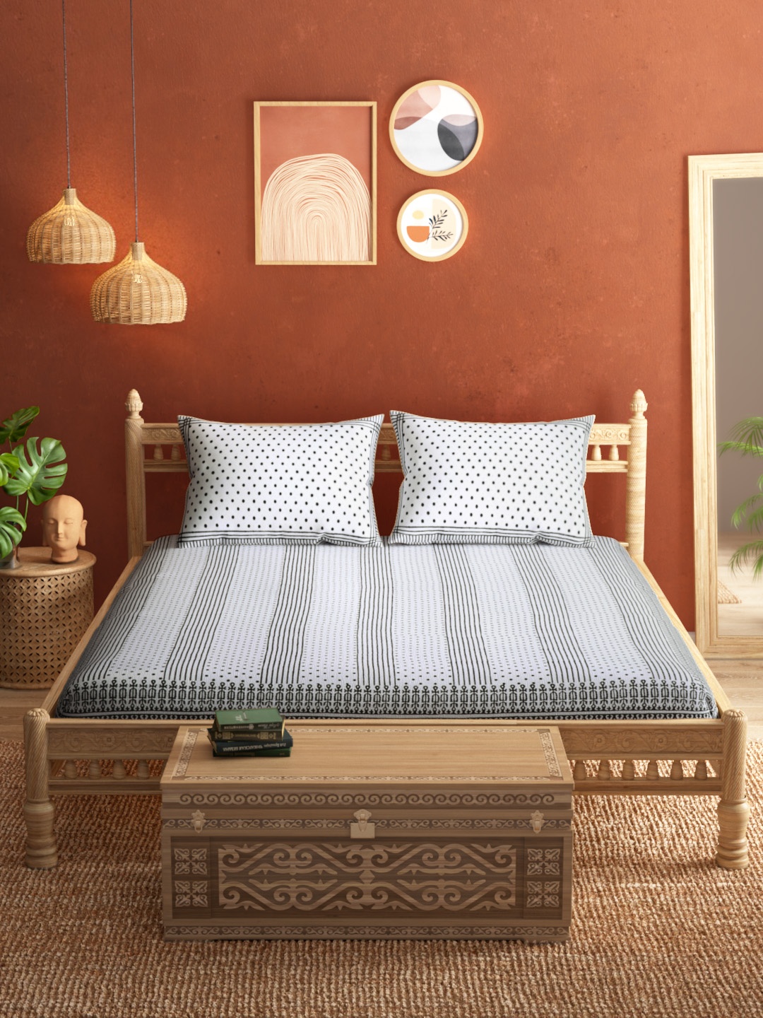 

Taavi Black & White Striped Hand Block Print 120 TC Queen Bedsheet with 2 Pillow Covers