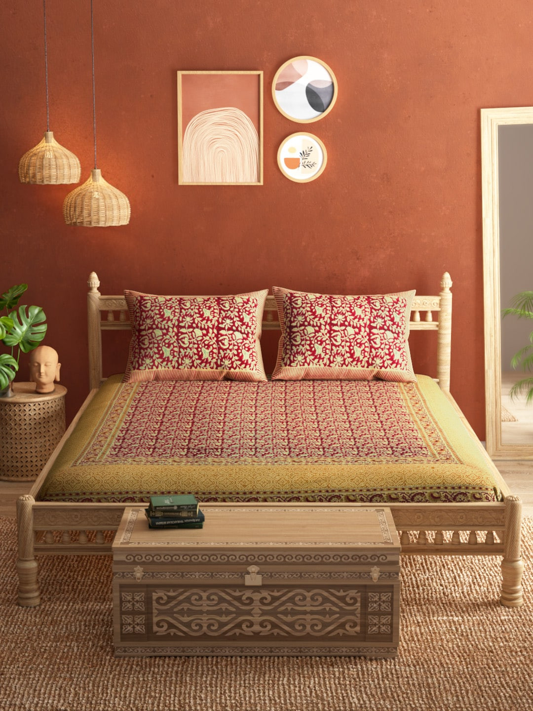 

Taavi Maroon Floral Bagru Hand Block Print 120 TC Queen Bedsheet with 2 Pillow Covers