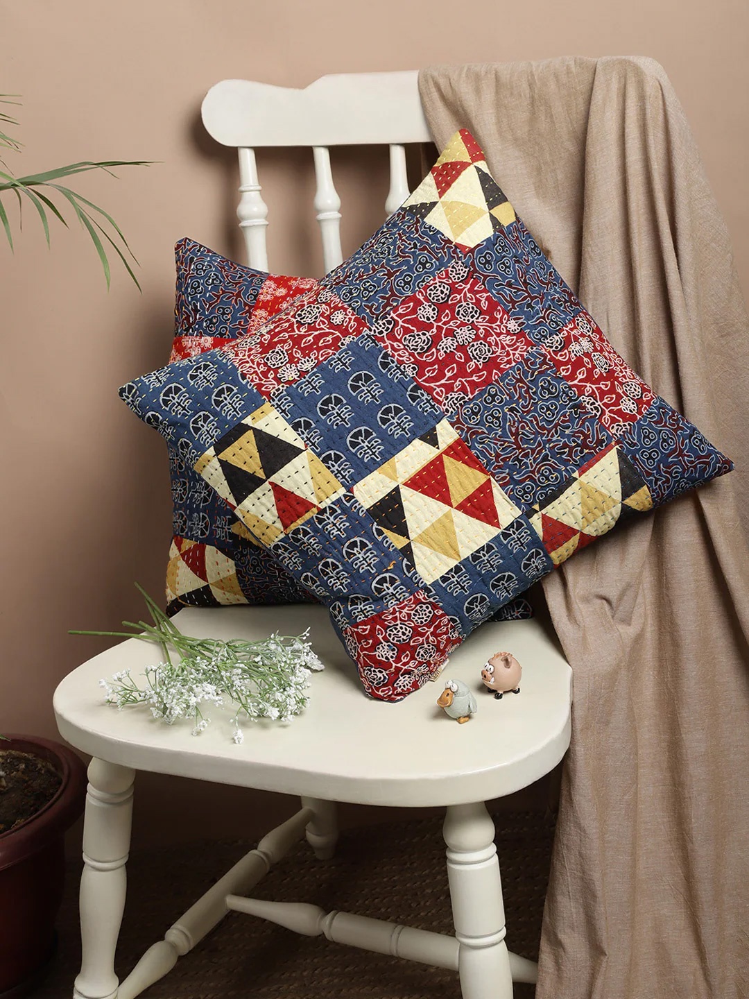 

Taavi Set of 2 Blue & Maroon Cotton Abstract Print Applique Square Cushion Covers