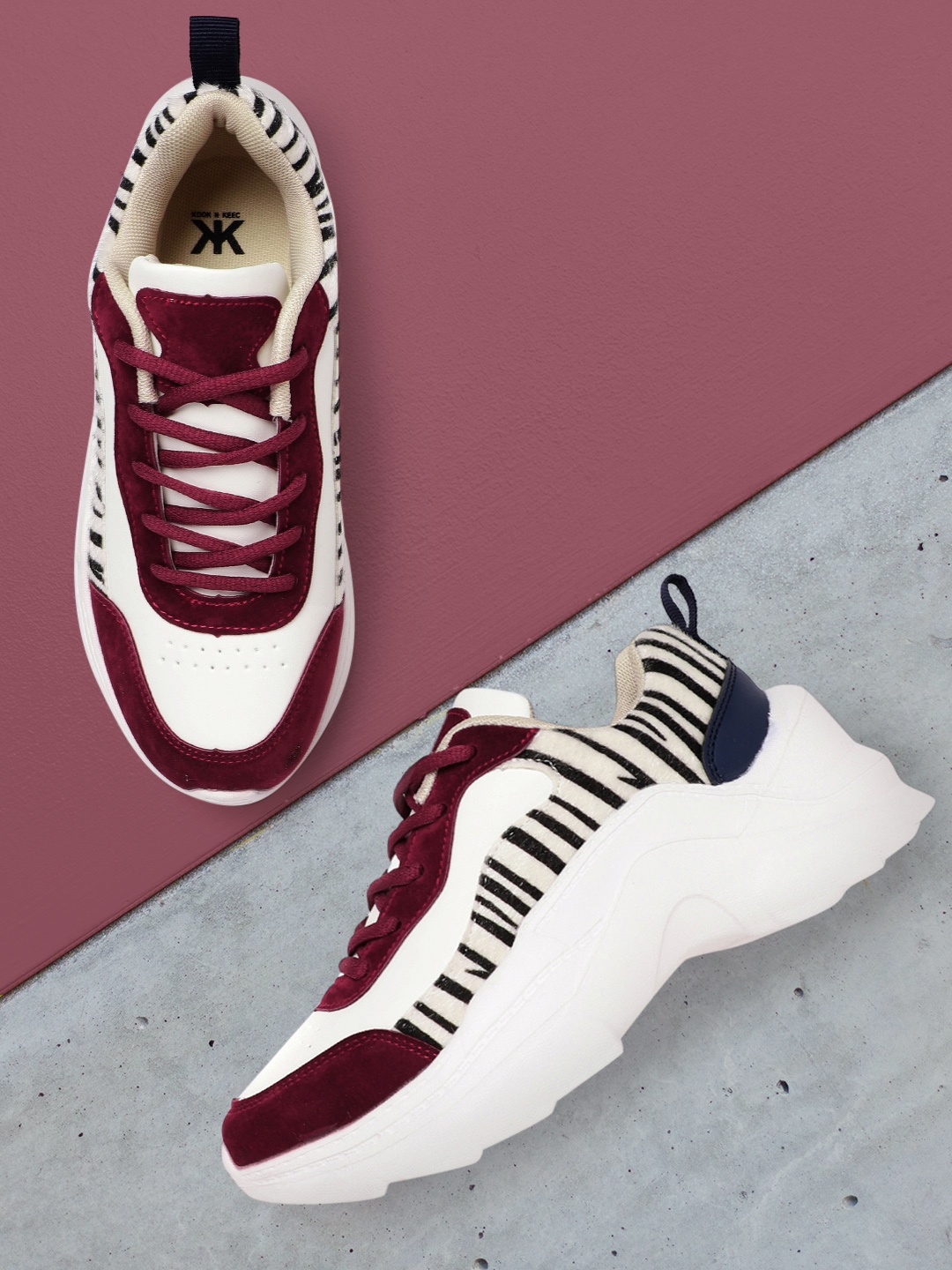 

Kook N Keech Women White & Burgundy Zebra Print Chunky Sneakers