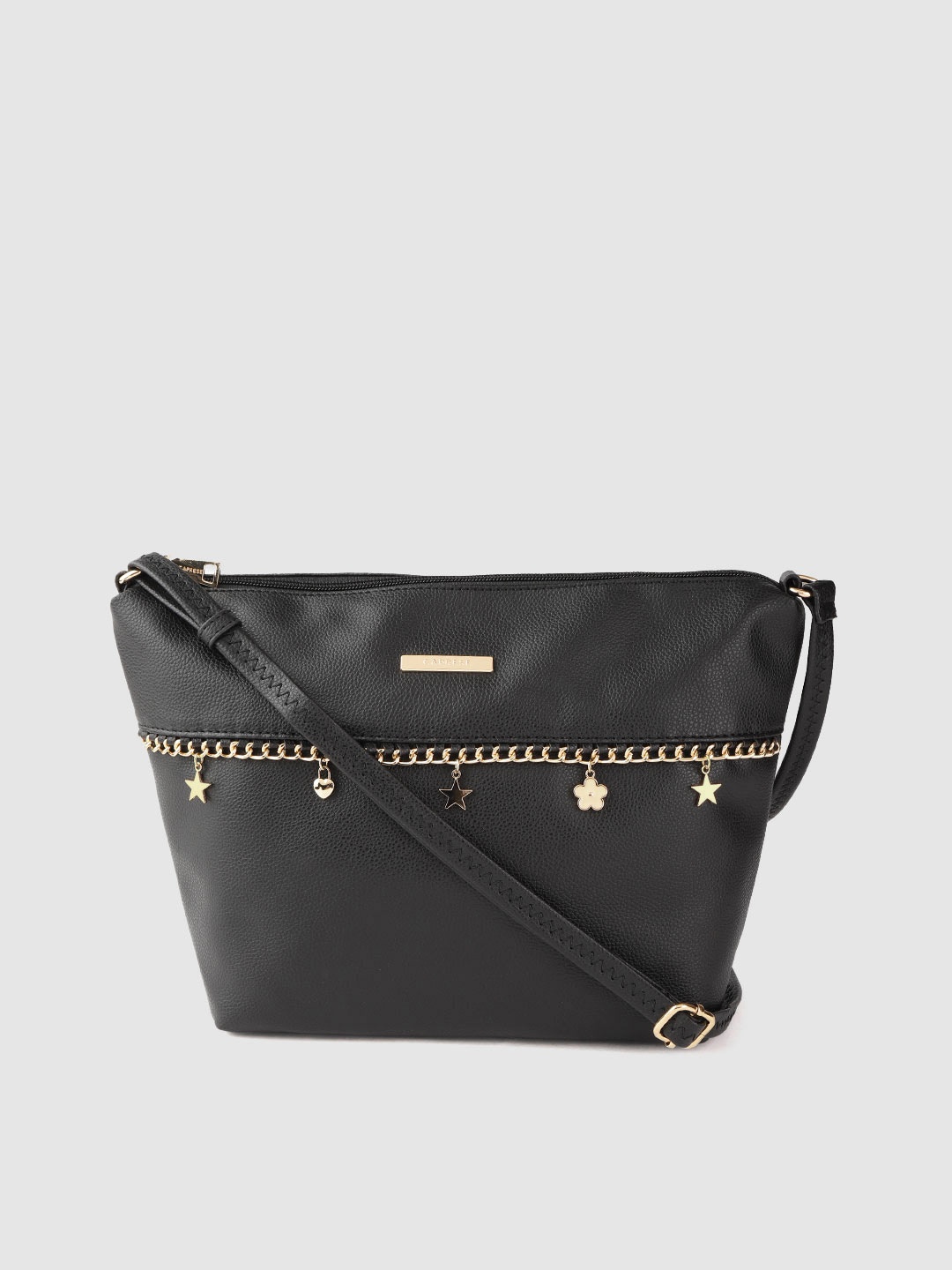 

Caprese Women Black & Gold-Toned Solid Link Chain Detail Sling Bag