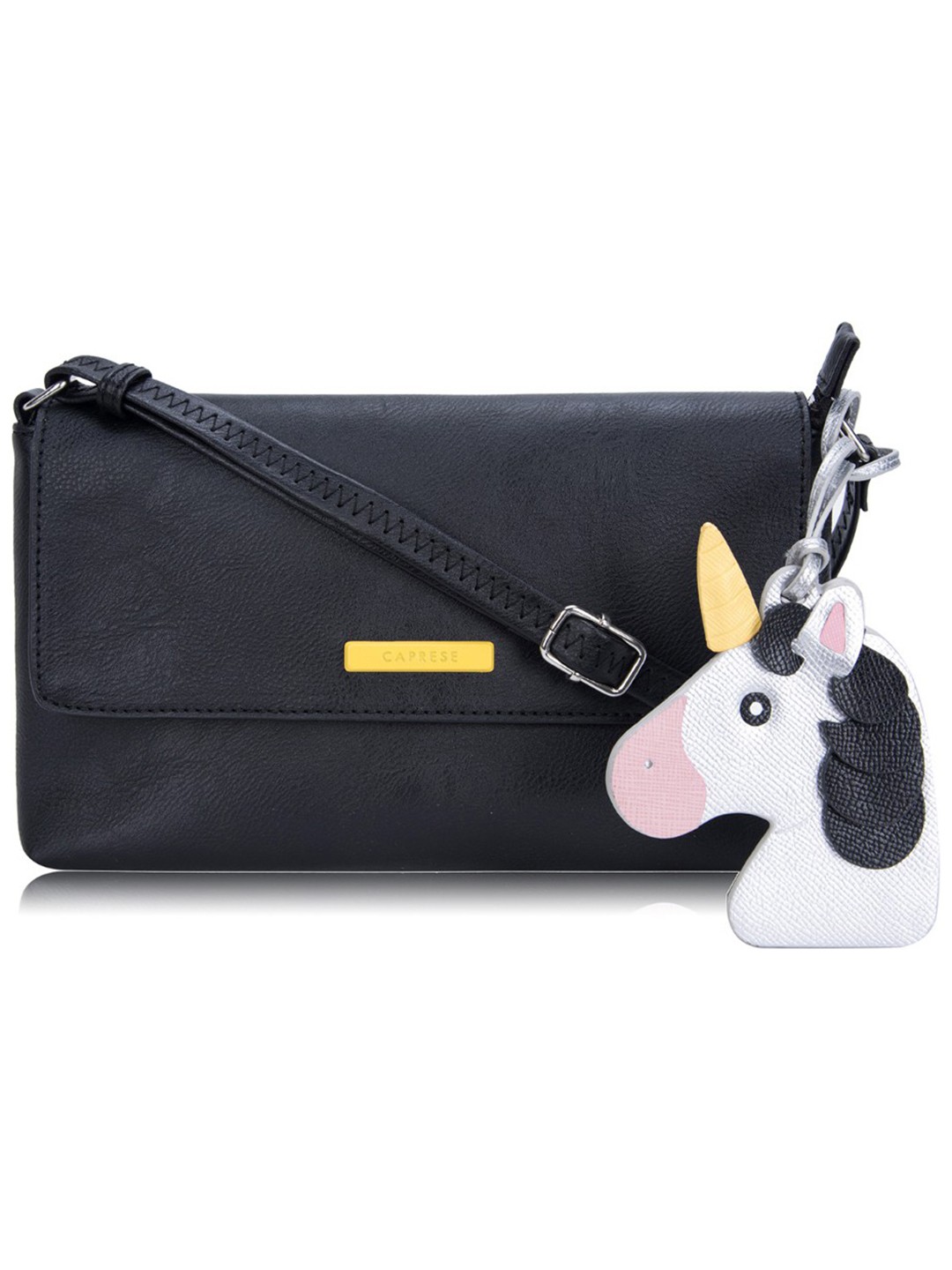

Caprese Women Black Solid Leather Sling Bag with Detachable Unicorn Tab Detail