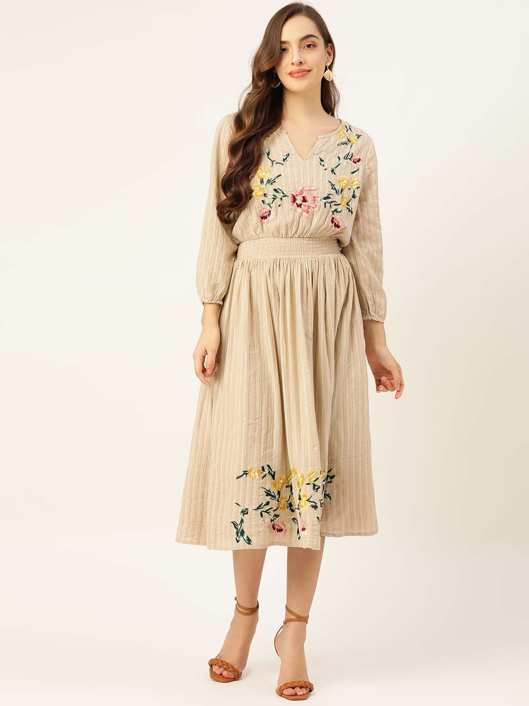 

LABEL REGALIA Beige & Green Pure Cotton Floral Embroidered A-Line Midi Dress