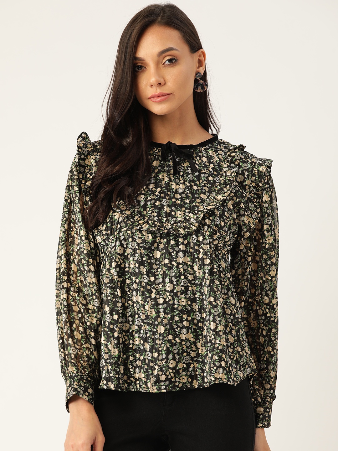 

LABEL REGALIA Black & Green Floral Print Tie-Up Neck Ruffles Regular Top