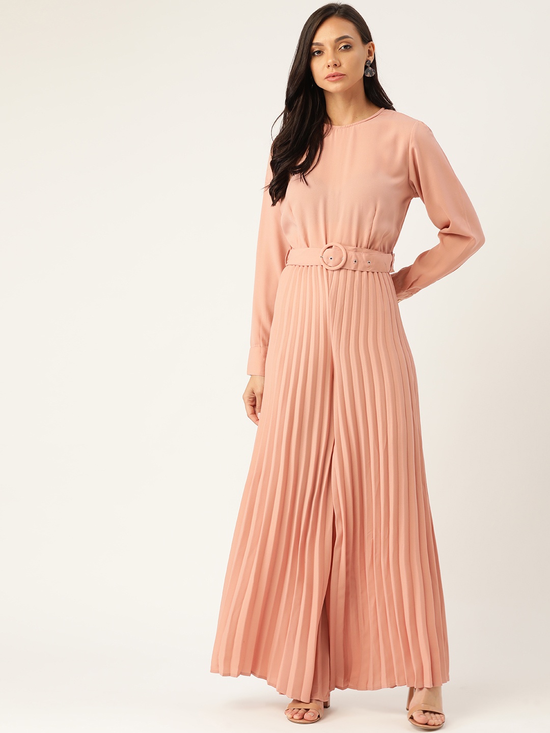 

LABEL REGALIA Peach-Coloured Accordion Pleats Basic Jumpsuit with Belt