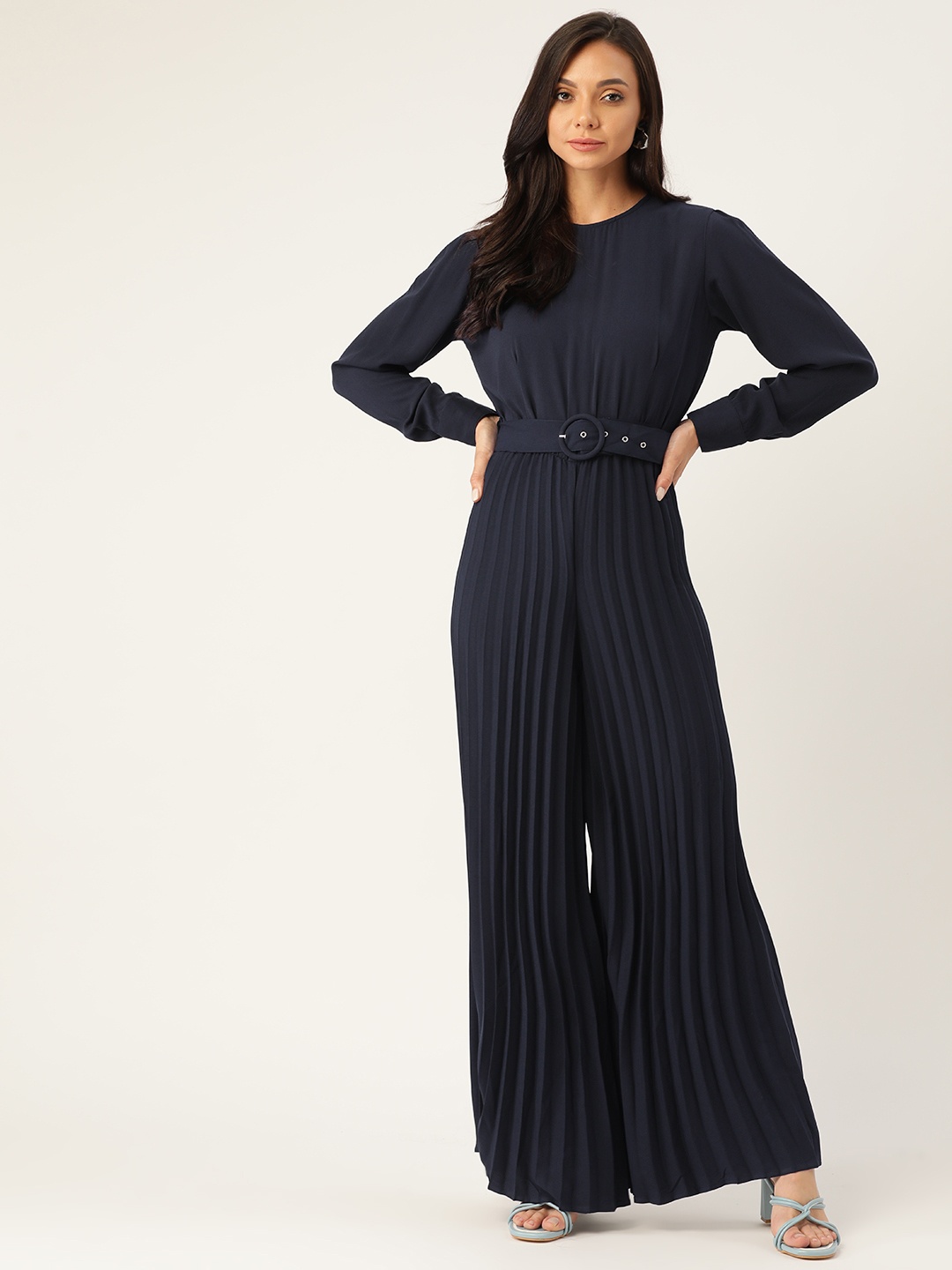 

LABEL REGALIA Navy Blue Accordion Pleats Basic Jumpsuit with Belt