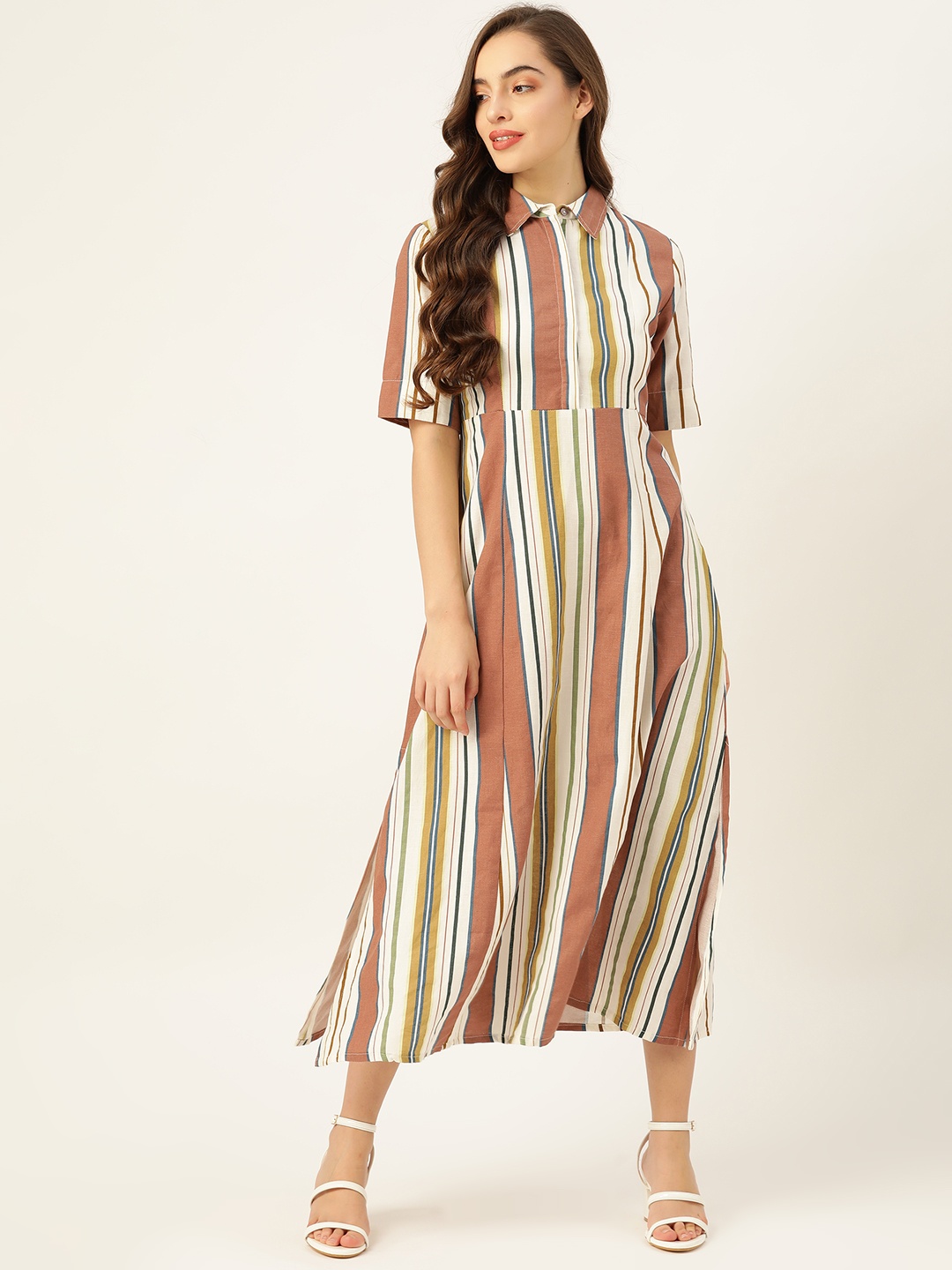 

LABEL REGALIA White & Brown Pure Cotton Striped A-Line Midi Dress