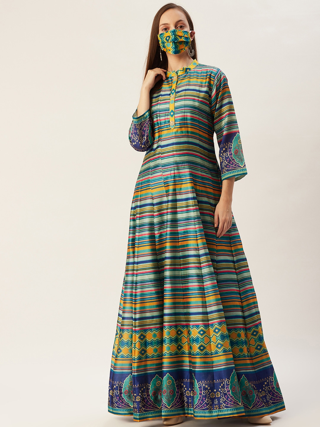 

FASHOR Women Navy Blue & Green Striped Ethnic Maxi Dress