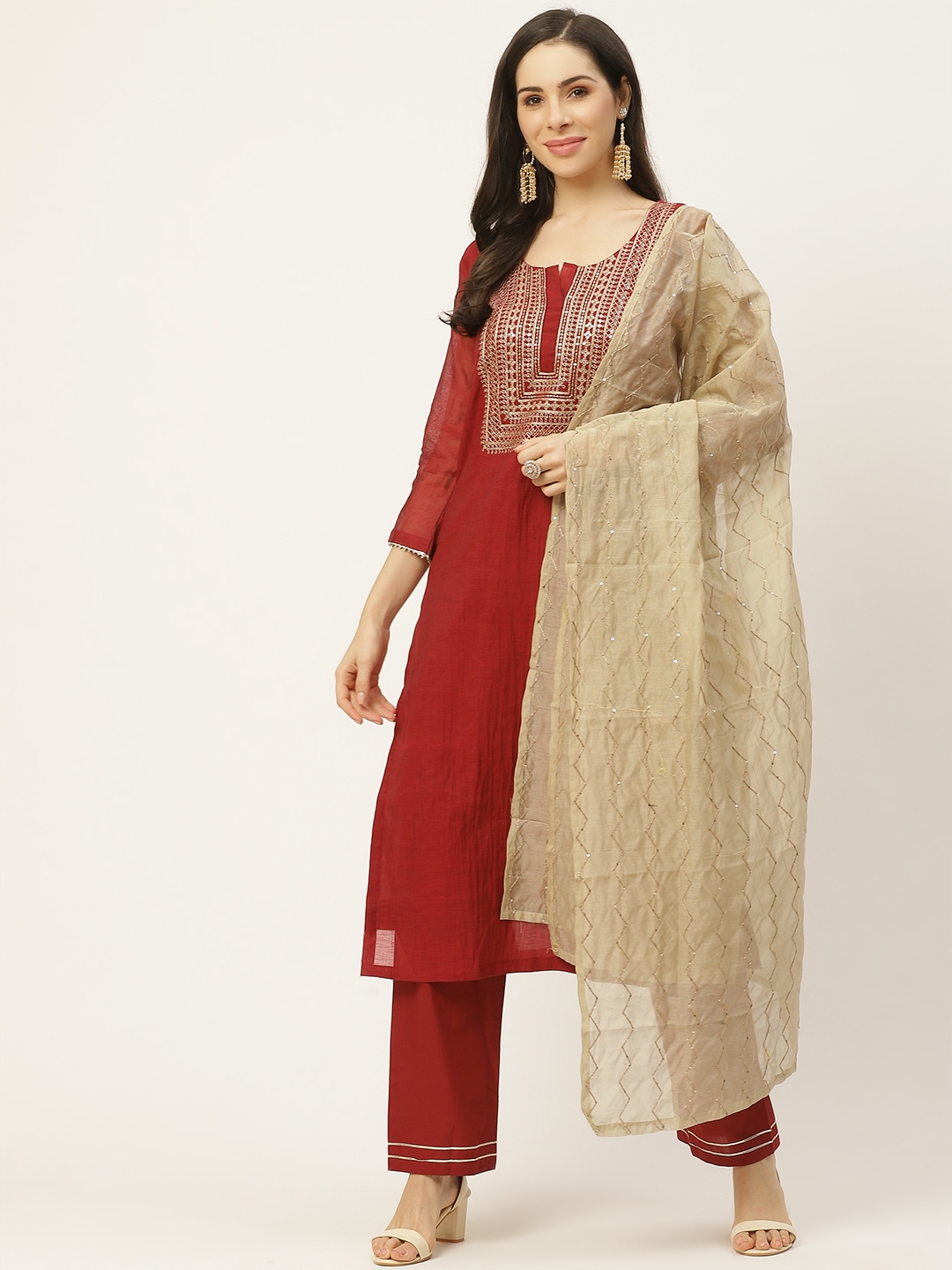 

FASHOR Women Maroon Ethnic Motifs Yoke Design Kurta with Trousers & Dupatta