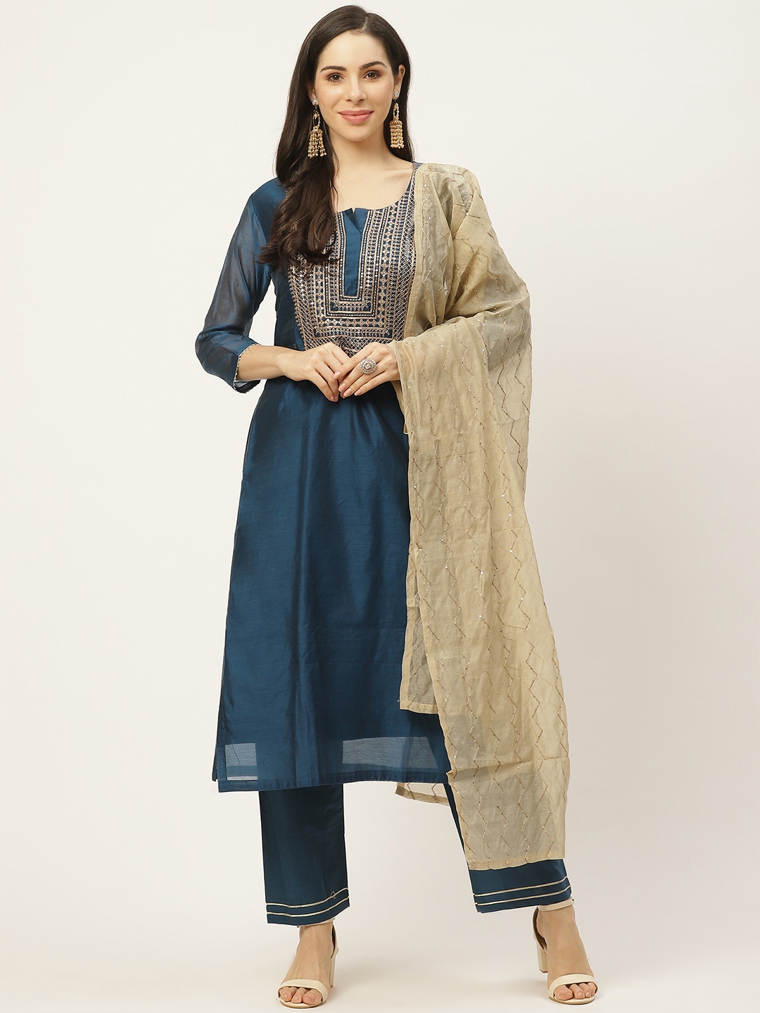 

FASHOR Women Teal Blue Ethnic Motifs Yoke Design Kurta with Trousers & Dupatta