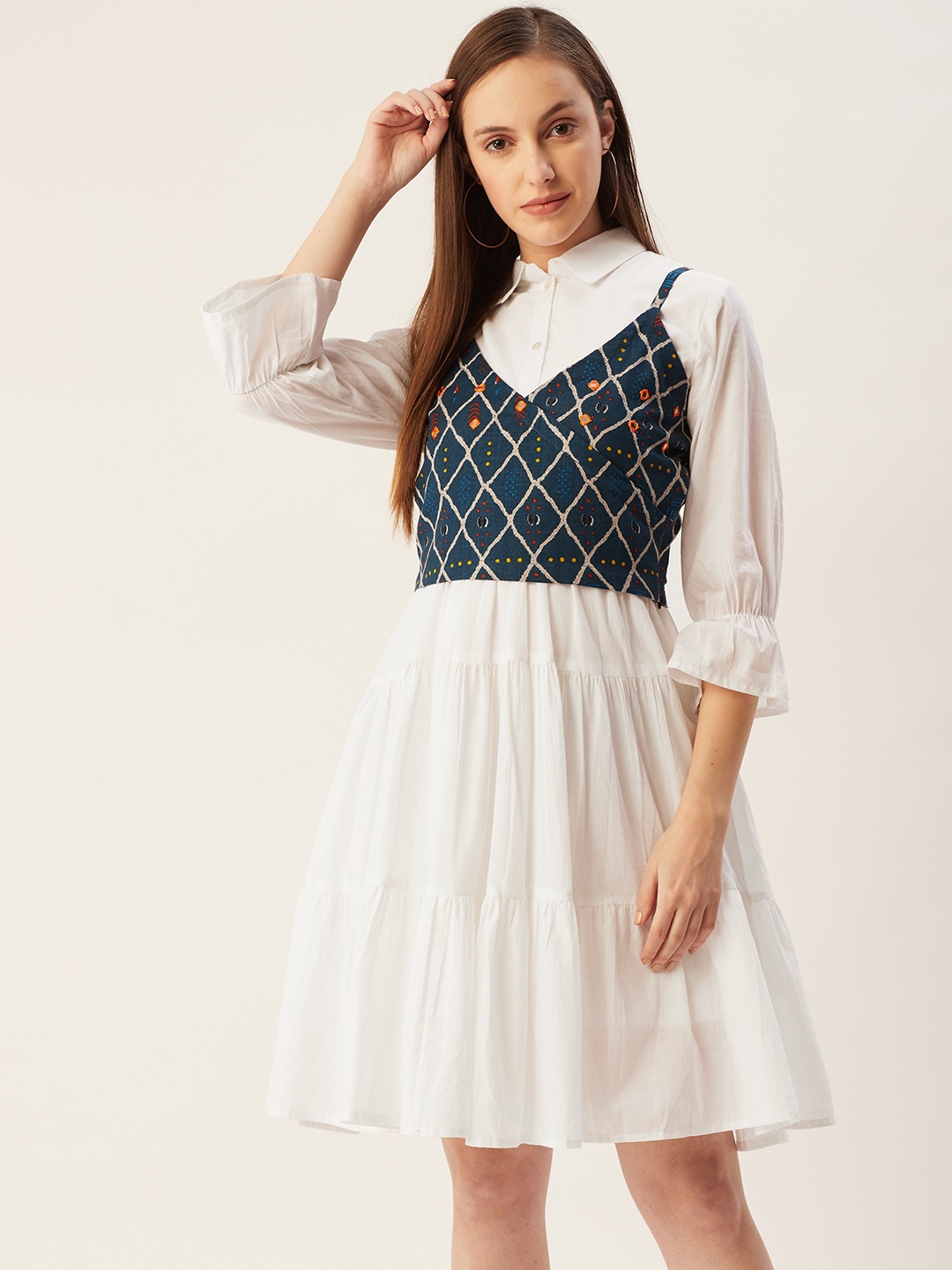 

FASHOR Women White Solid Pure Cotton Shirt Dress With Top