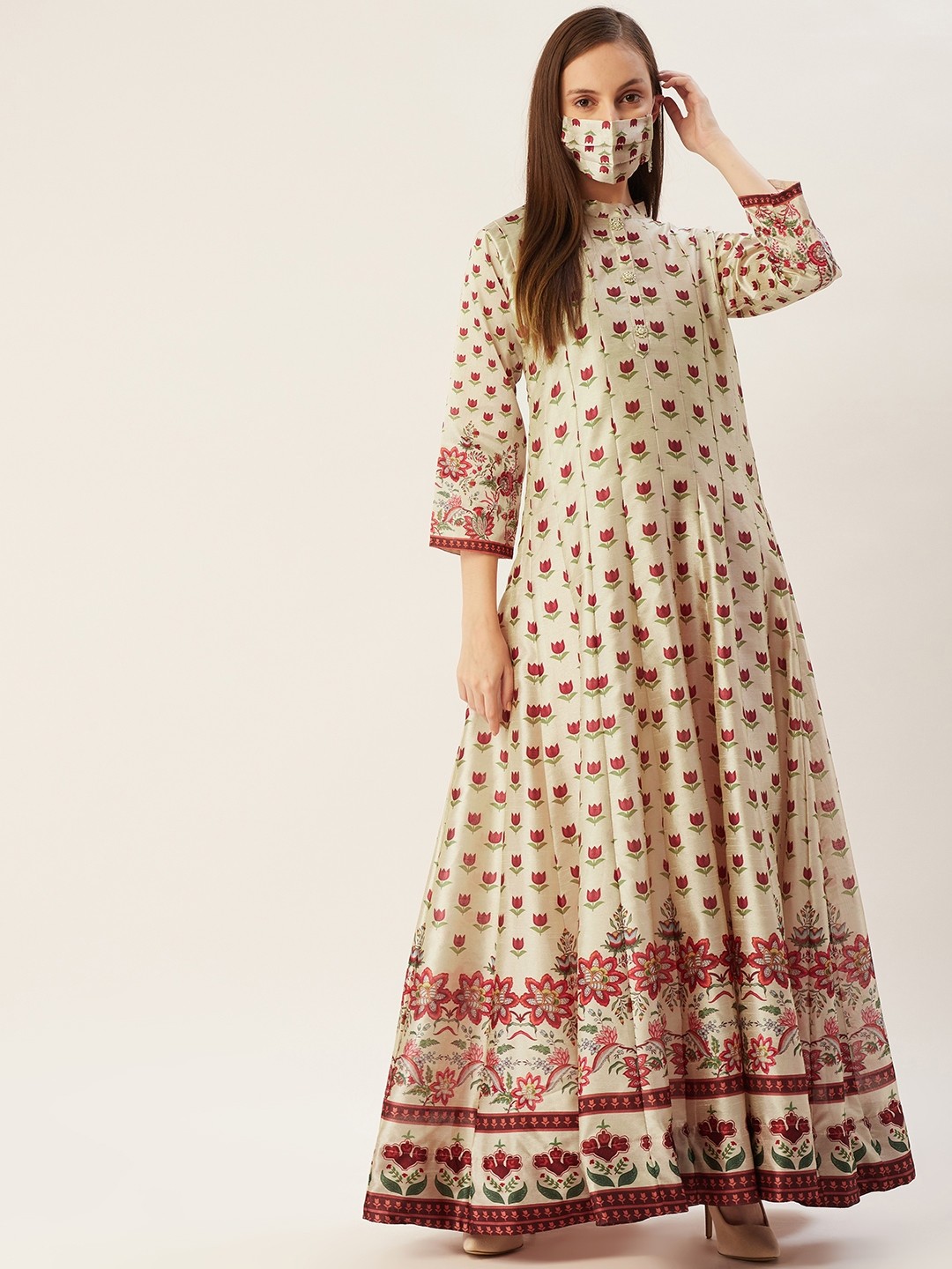 

FASHOR Women Beige & Maroon Floral Print Ethnic Maxi Dress