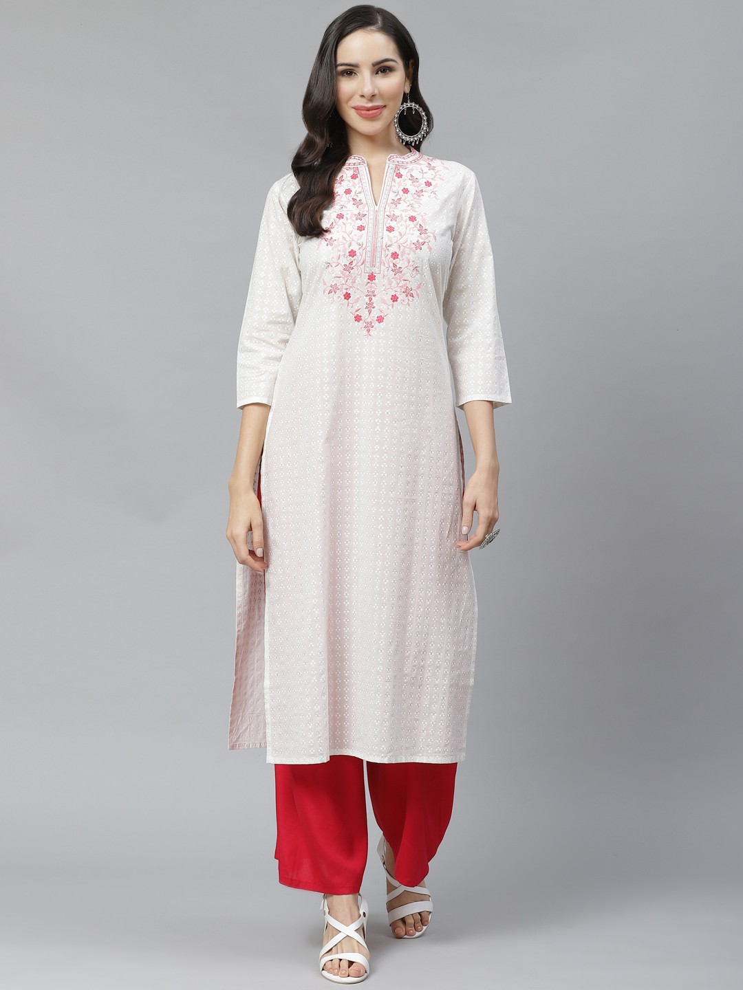 

Yuris Women White & Red Ethnic Motifs Printed Pure Cotton Thread Work Kurta