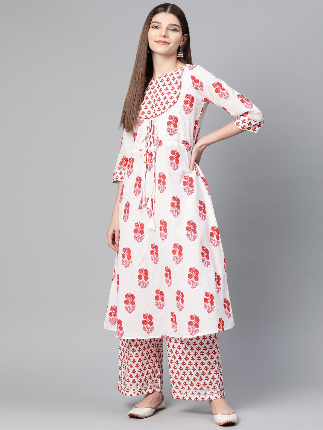 

Yuris Women White & Red Pure Cotton Ethnic Motifs Print Kurta with Palazzos