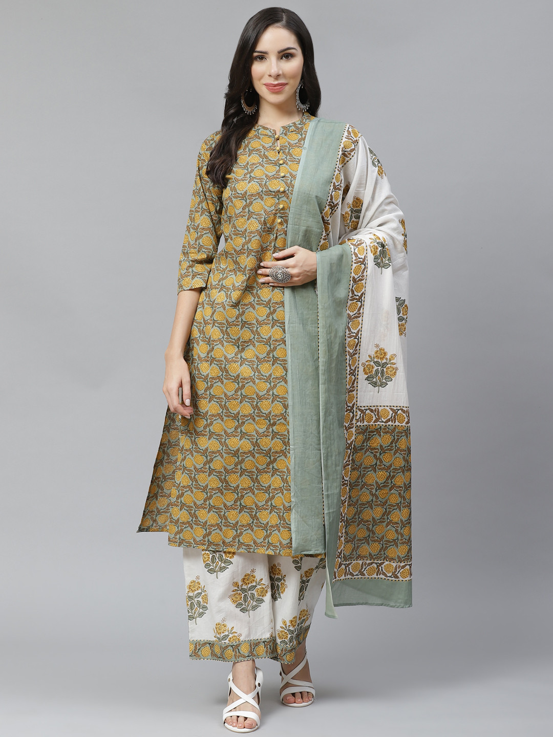 

Yuris Women Green & Mustard Pure Cotton Printed Kurta with Palazzos & Dupatta