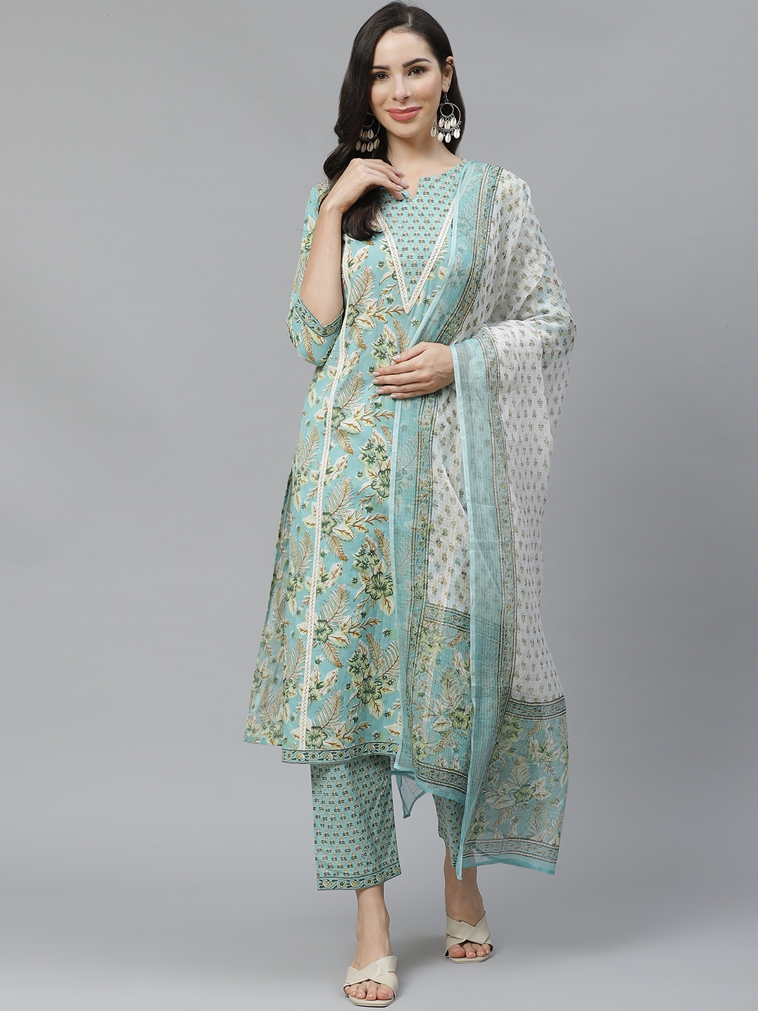 

Yuris Women Blue & Green Pure Cotton Printed Kurta with Palazzos & Dupatta