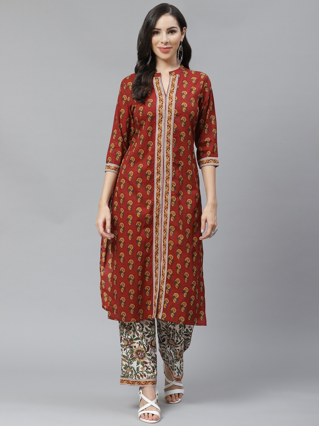 

Yuris Women Maroon & Mustard Pure Cotton Printed Kurta with Palazzos