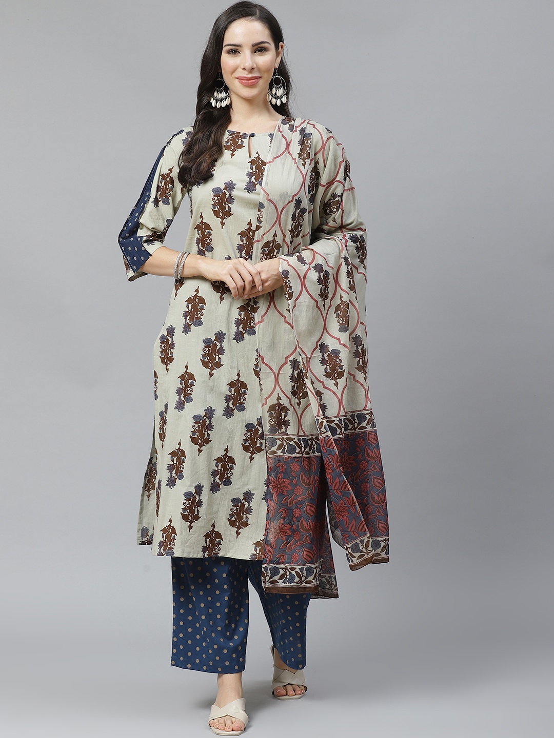 

Yuris Women Beige & Navy Blue Pure Cotton Printed Kurta with Palazzos & Dupatta