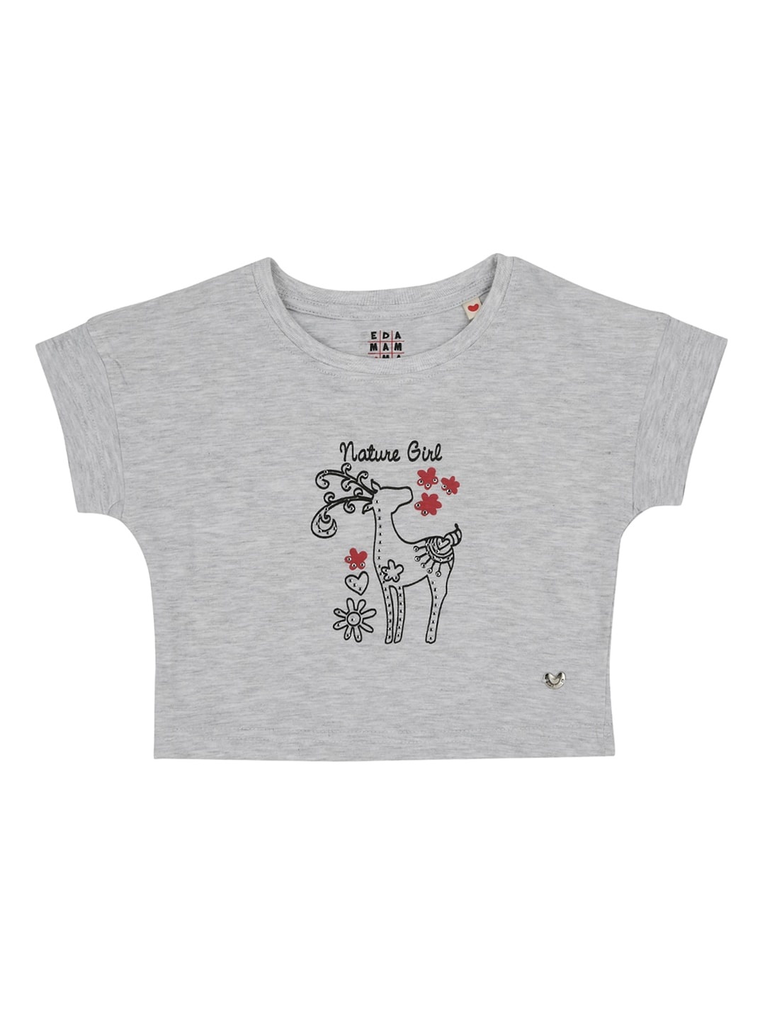 

Ed-a-Mamma Girls Grey Melange Printed Round Neck Sustainable Pure Cotton T-shirt