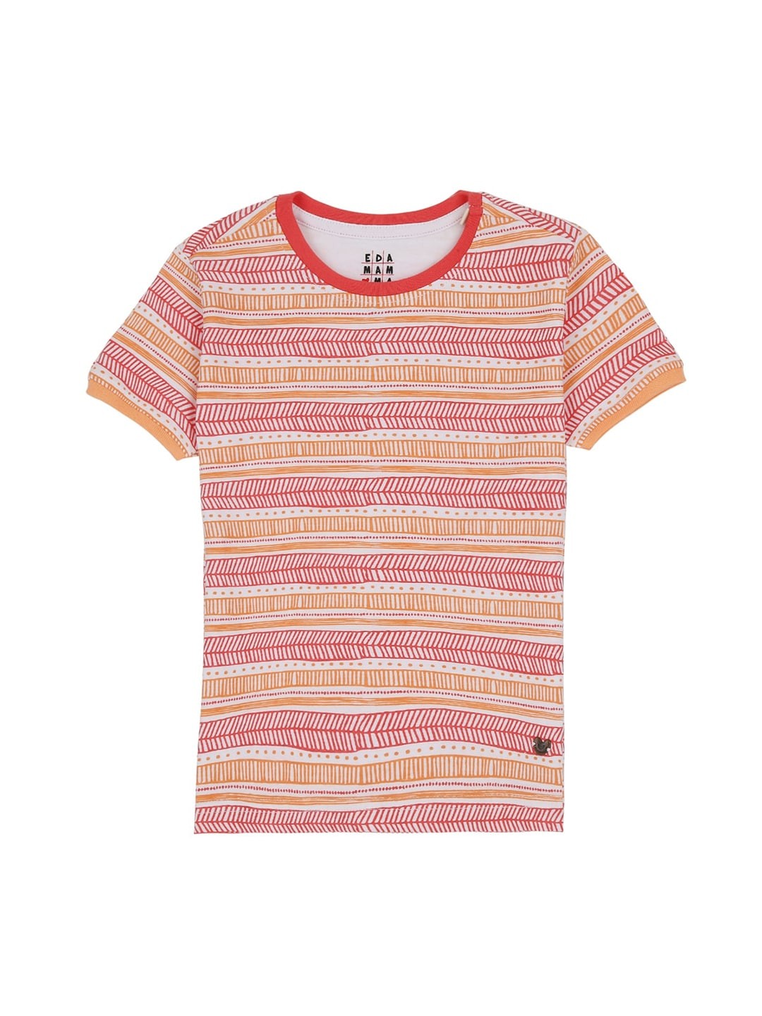 

Ed-a-Mamma Boys Orange Striped Round Neck Sustainable Pure Cotton T-shirt