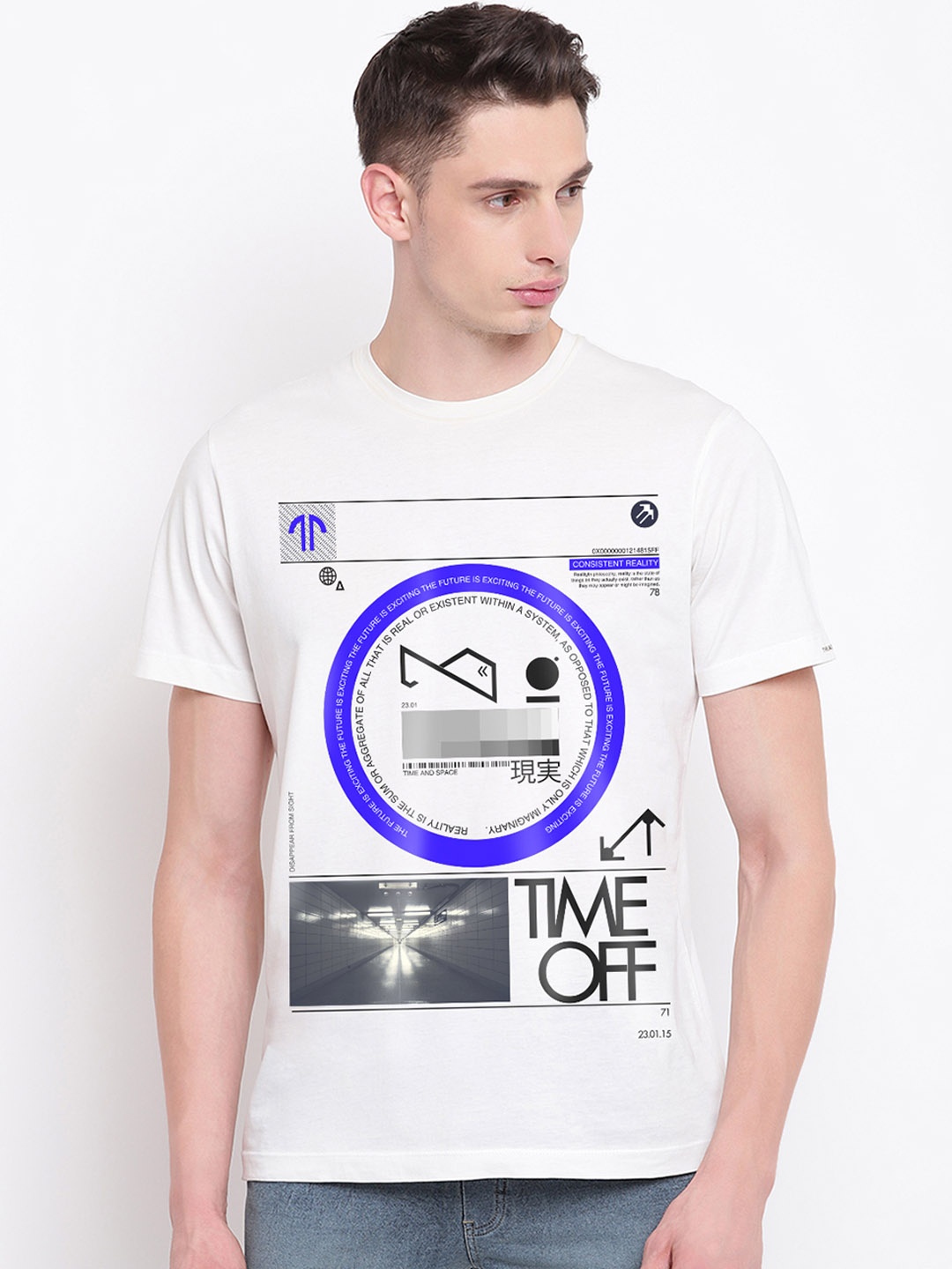 

THREADCURRY Men White Printed Round Neck Cotton T-shirt