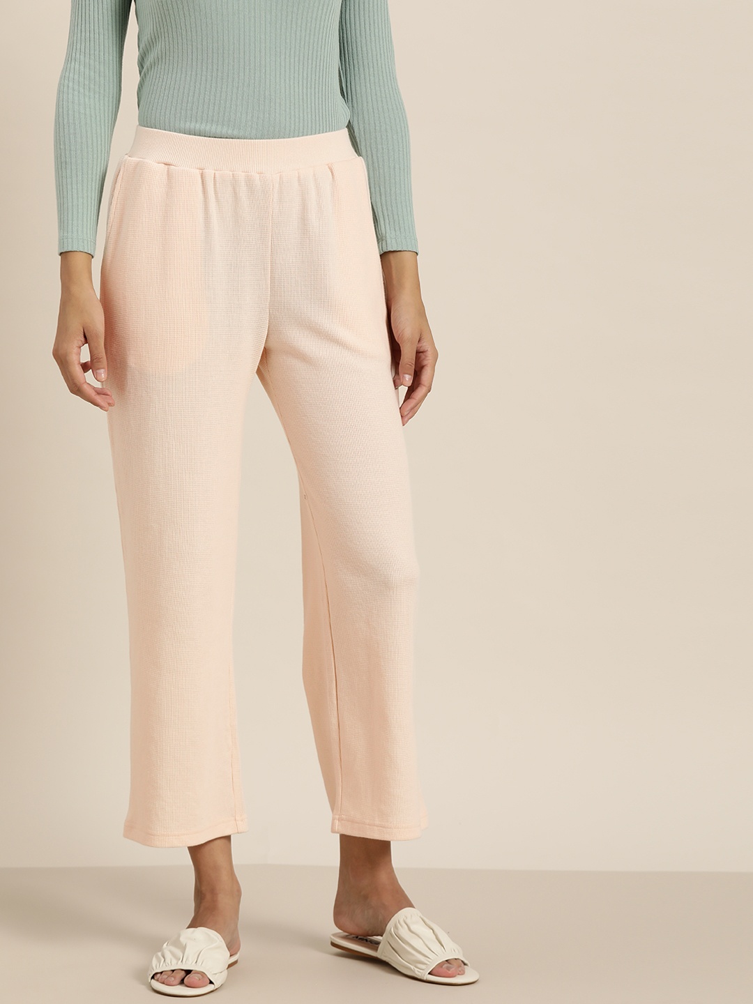 

ether Women Peach-Coloured Self-Design Cropped Trousers