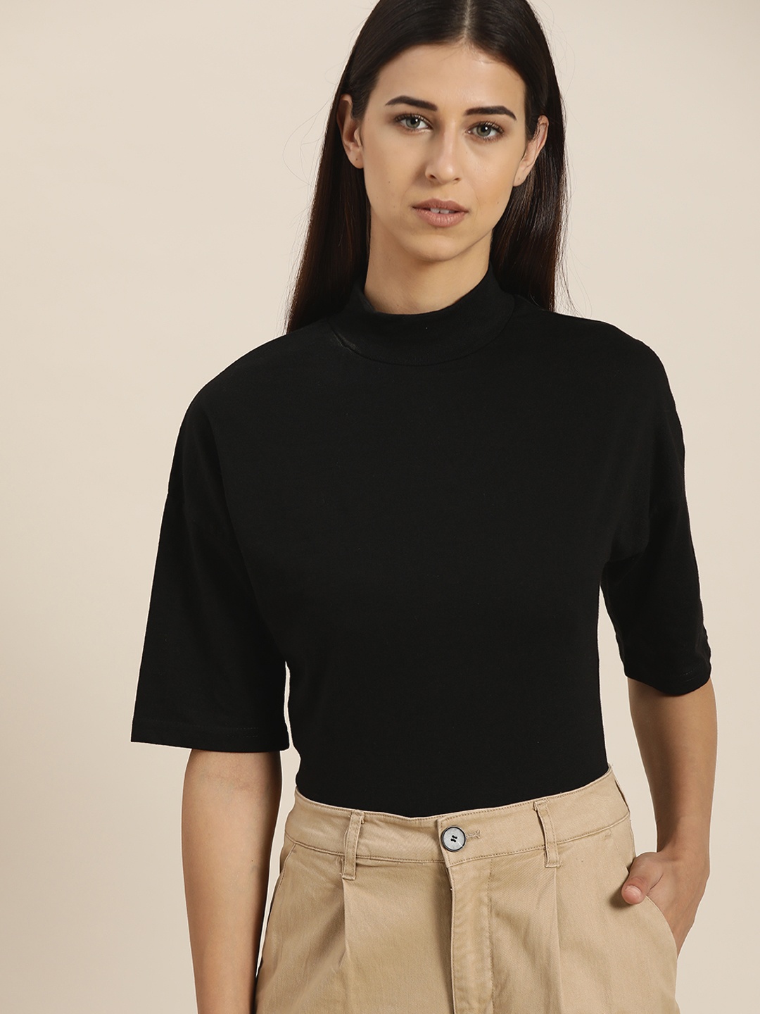 

ether Women Black High Neck T-shirt