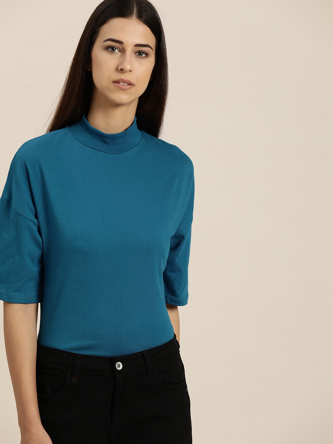 

ether Women Blue High Neck T-shirt