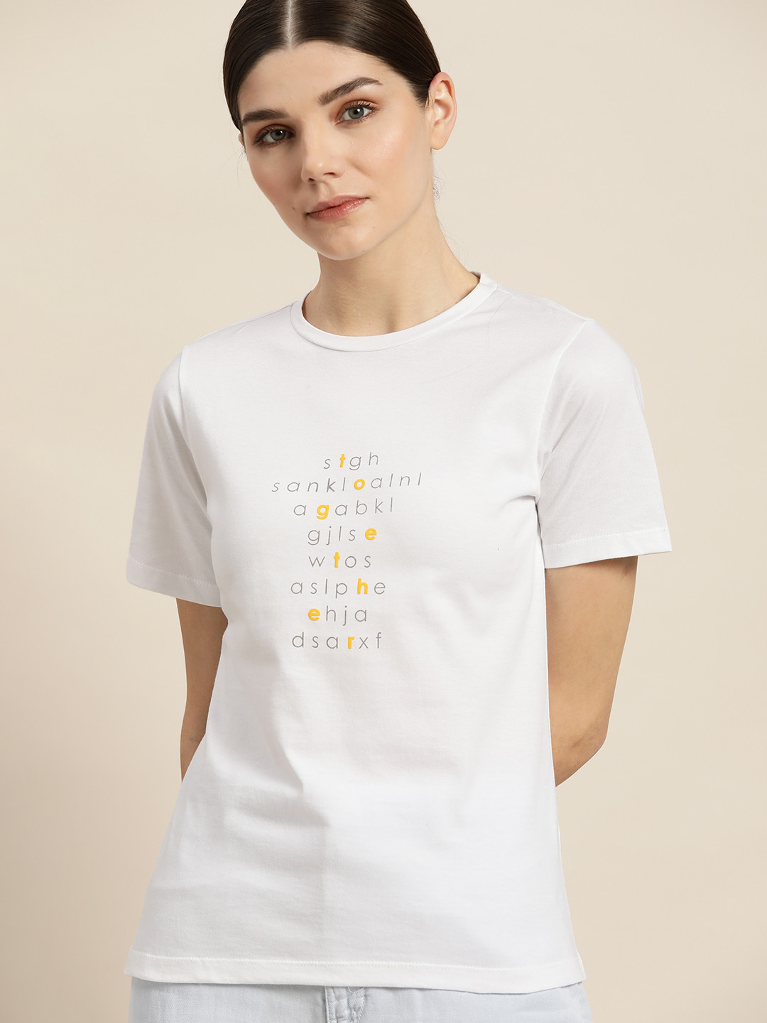 

ether Women White & Grey Pure Cotton Typography Printed T-shirt