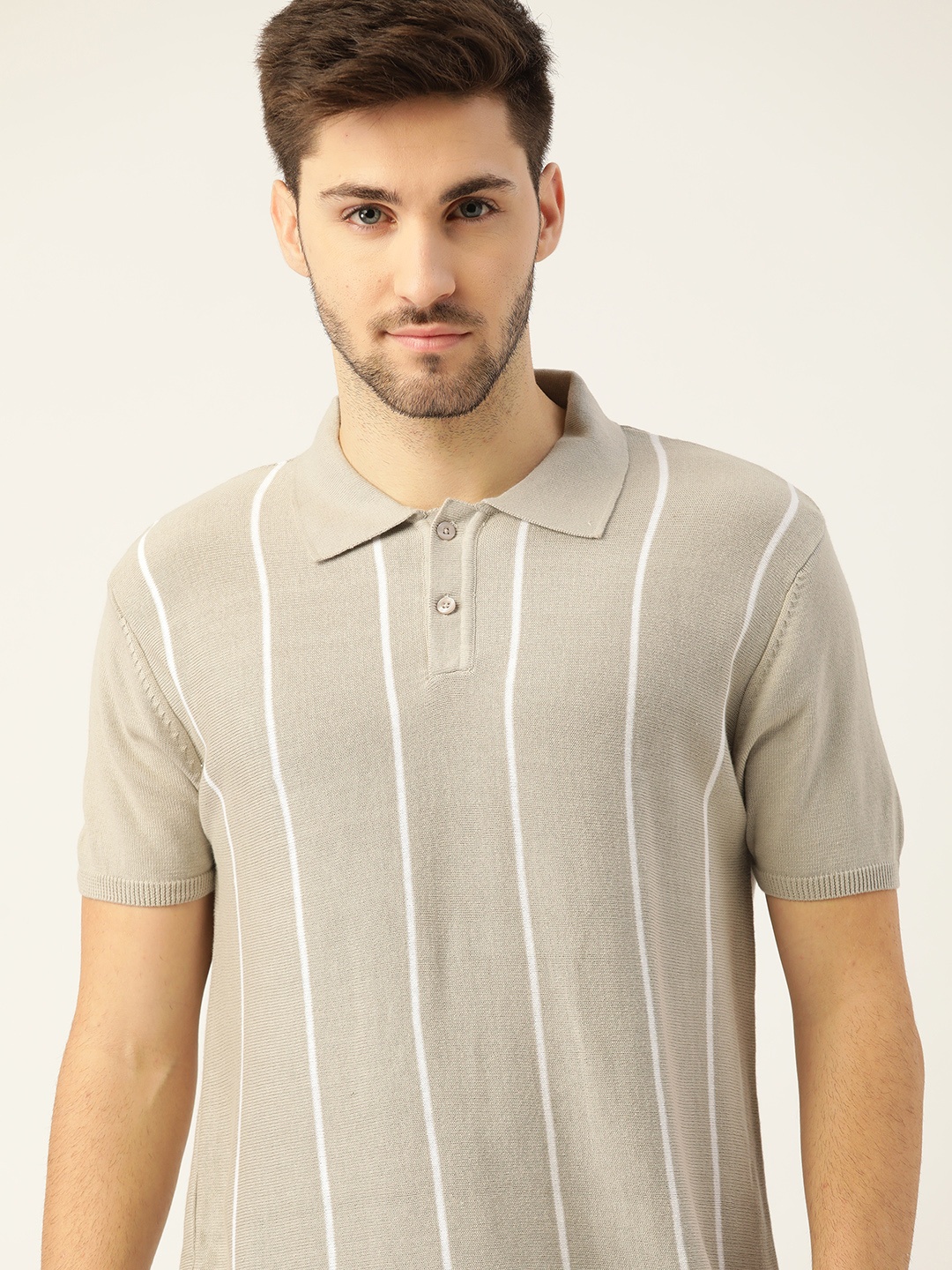 

ether Men Beige & White Striped Flat Knit Polo Collar T-shirt
