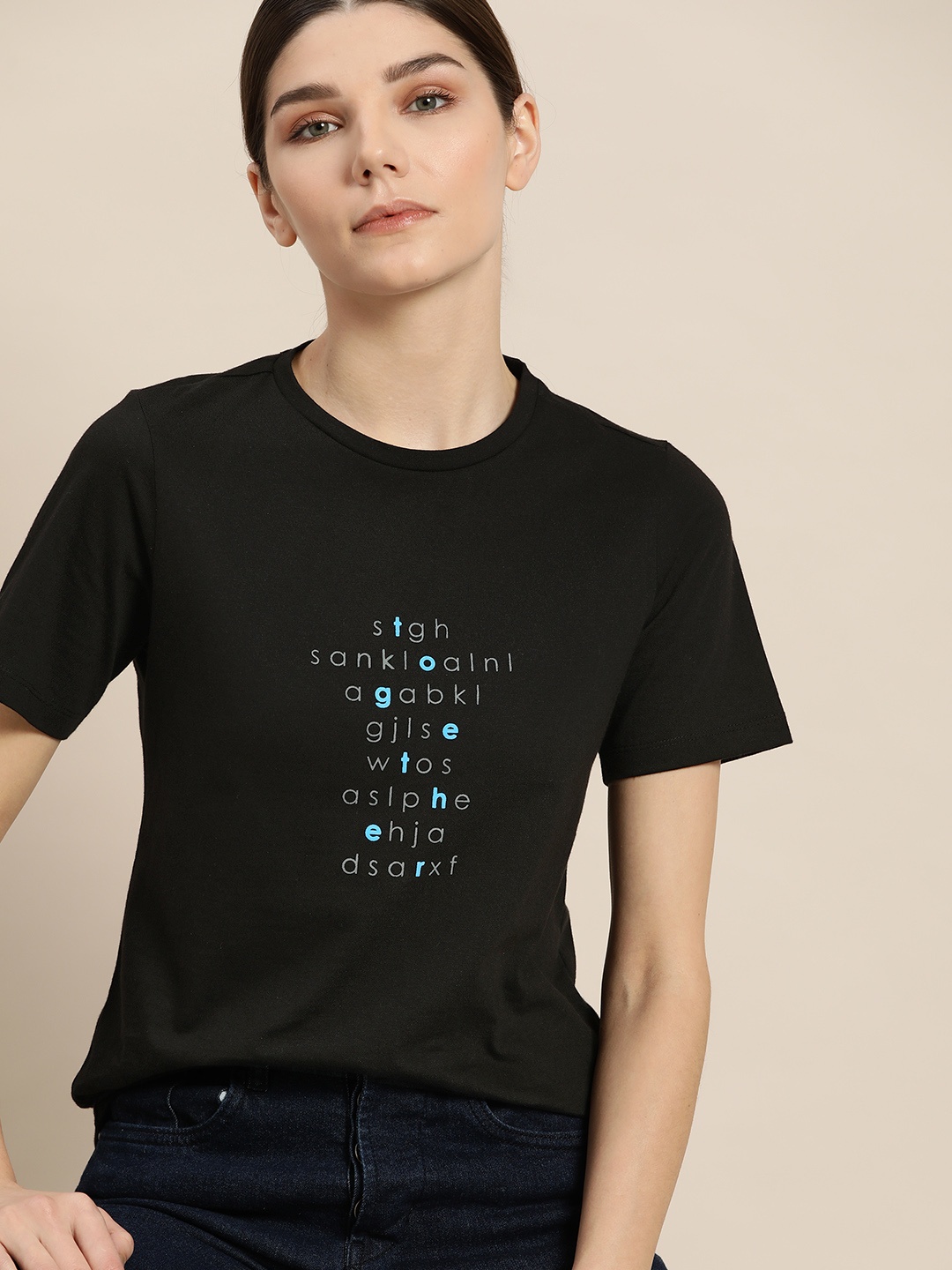 

ether Women Black & Blue Pure Cotton Printed T-shirt