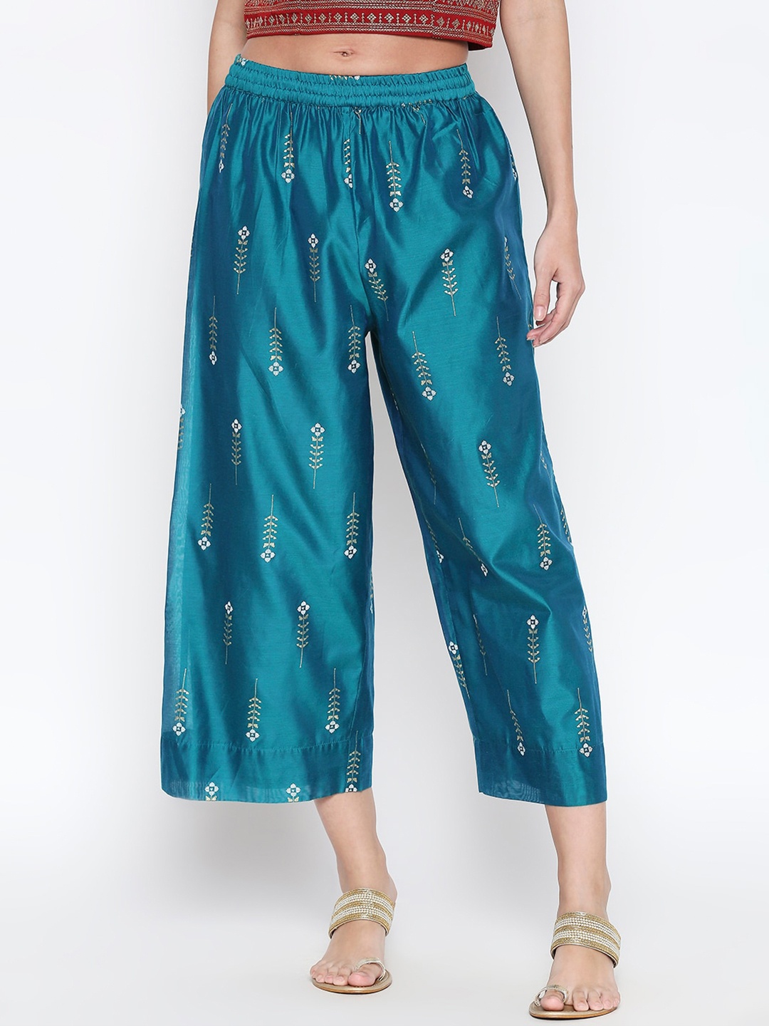 

RANGMANCH BY PANTALOONS Women Teal & White Printed Straight Palazzos