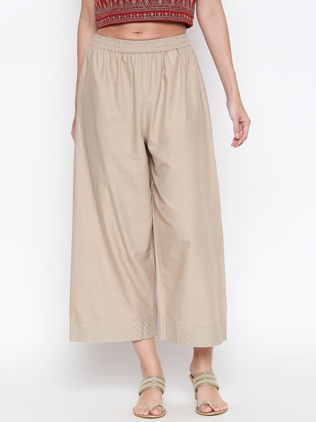 

RANGMANCH BY PANTALOONS Women Beige Solid Straight Palazzos