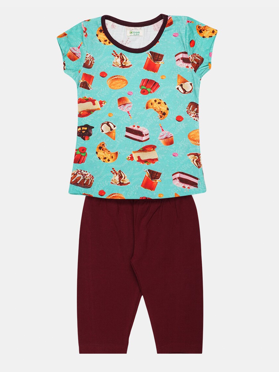 

OHMS Girls Turquoise Blue & Brown Printed T-shirt with Capris
