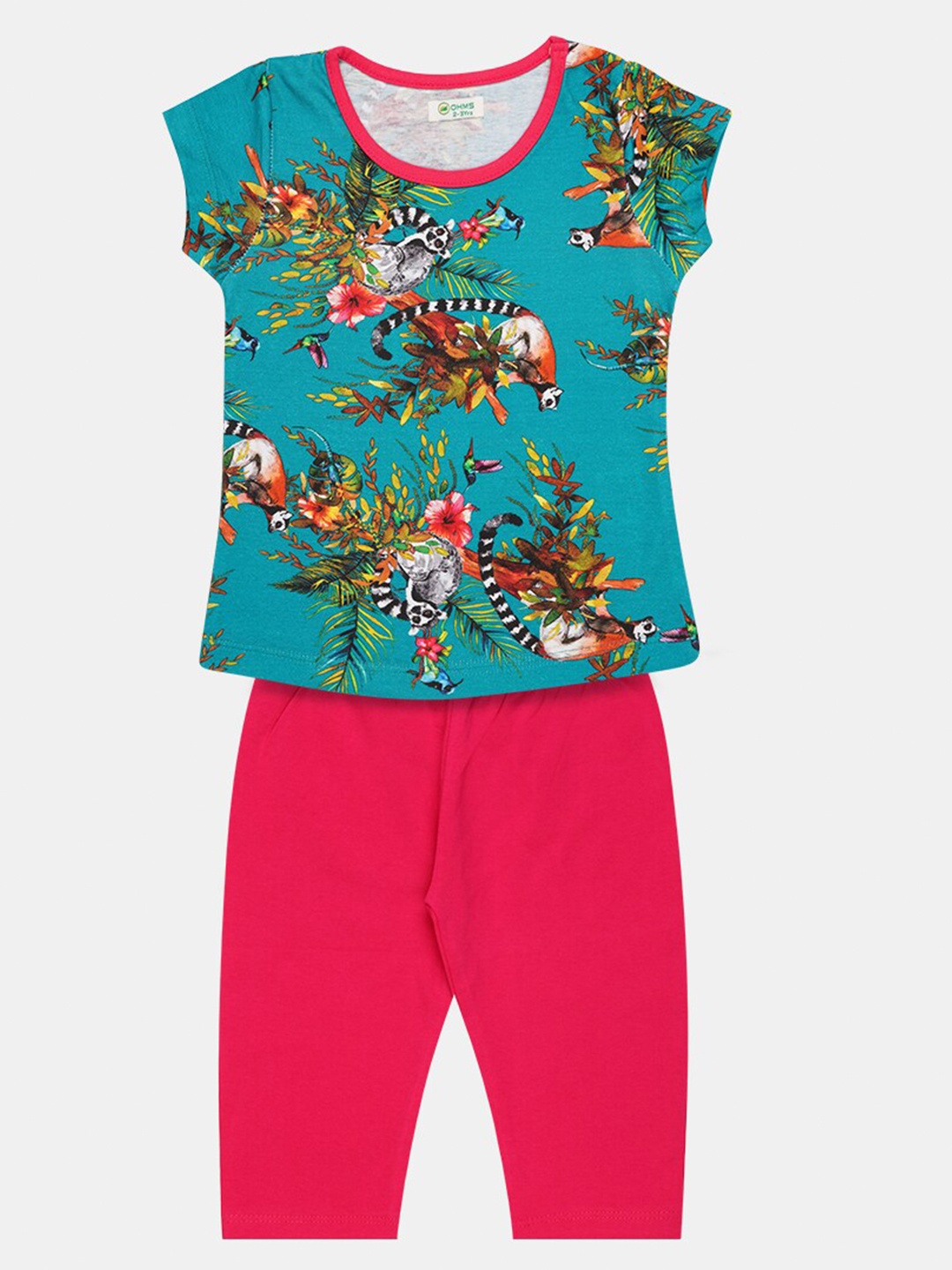 

OHMS Girls Magenta & Blue Printed T-shirt with Capris