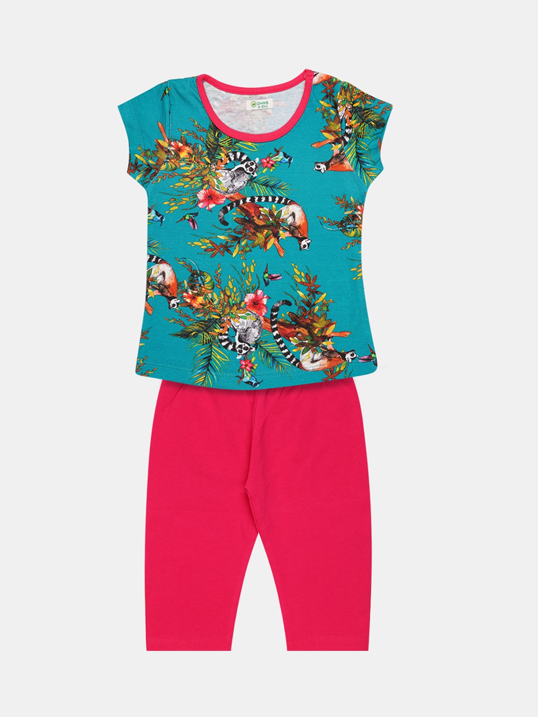 

OHMS Girls Teal & Pink Floral Printed T-shirt with Capris