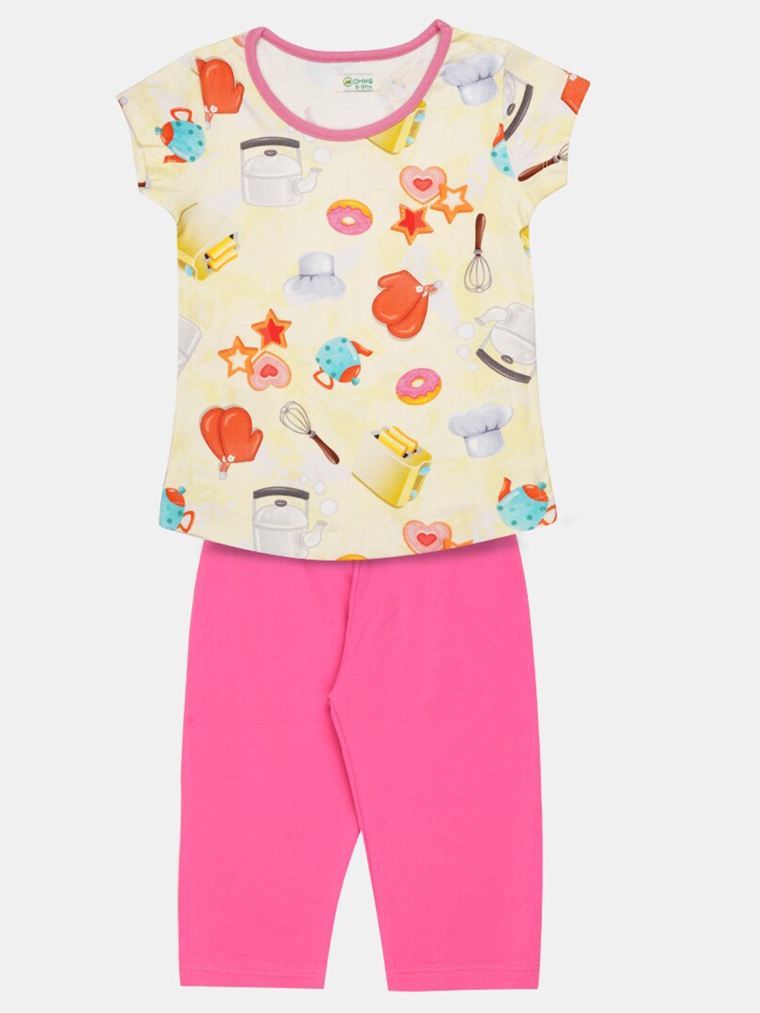 

OHMS Girls Pink & Yellow Printed T-shirt with Capris