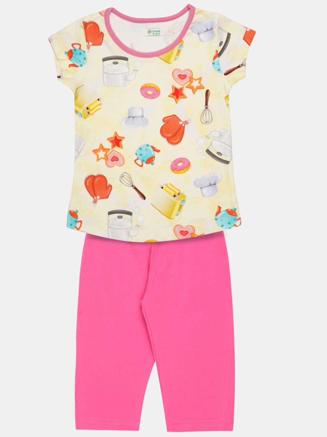 

OHMS Girls Pink & Beige Printed T-shirt with Capris