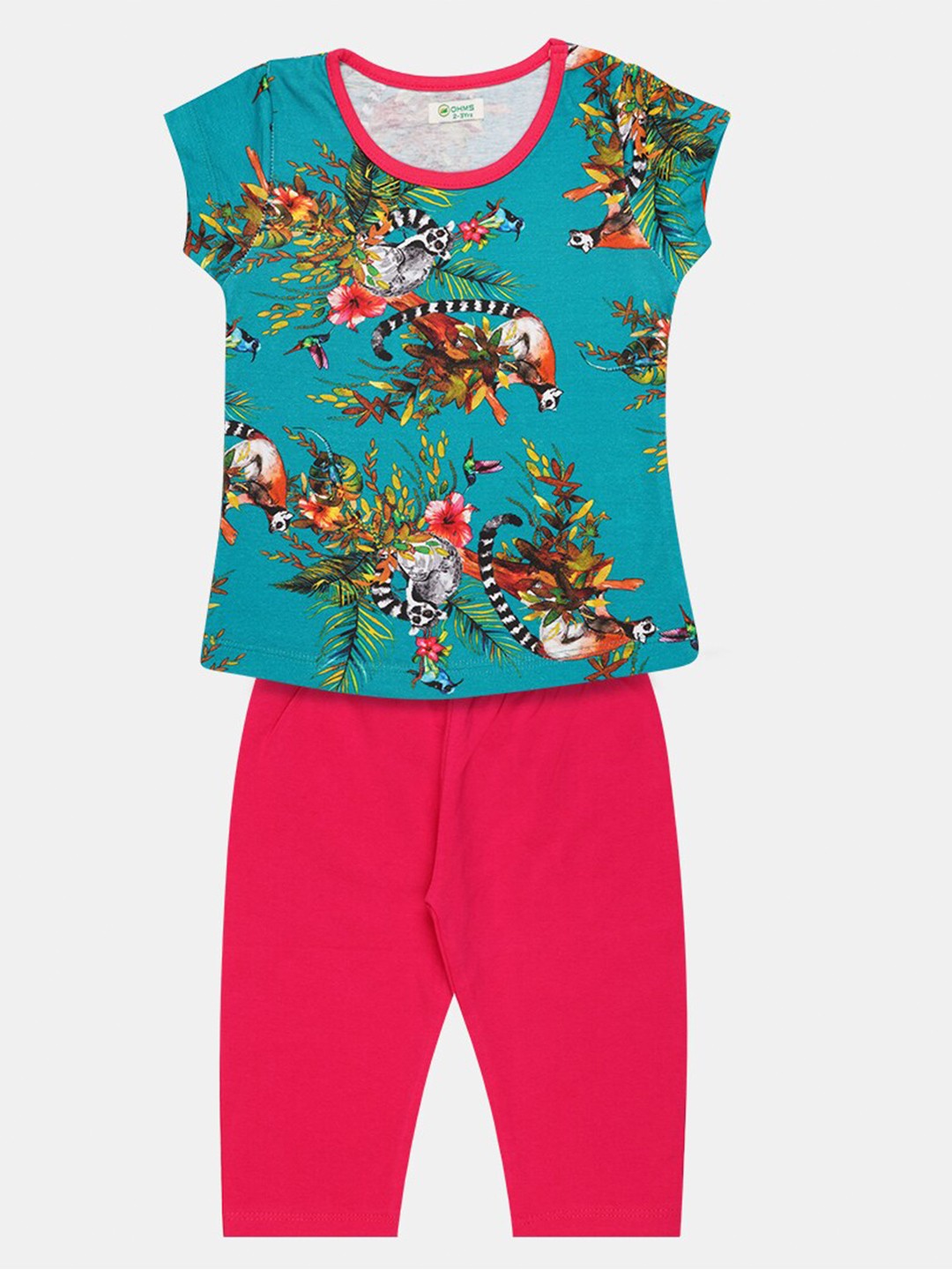 

OHMS Girls Teal & Coral Printed T-shirt with Capris