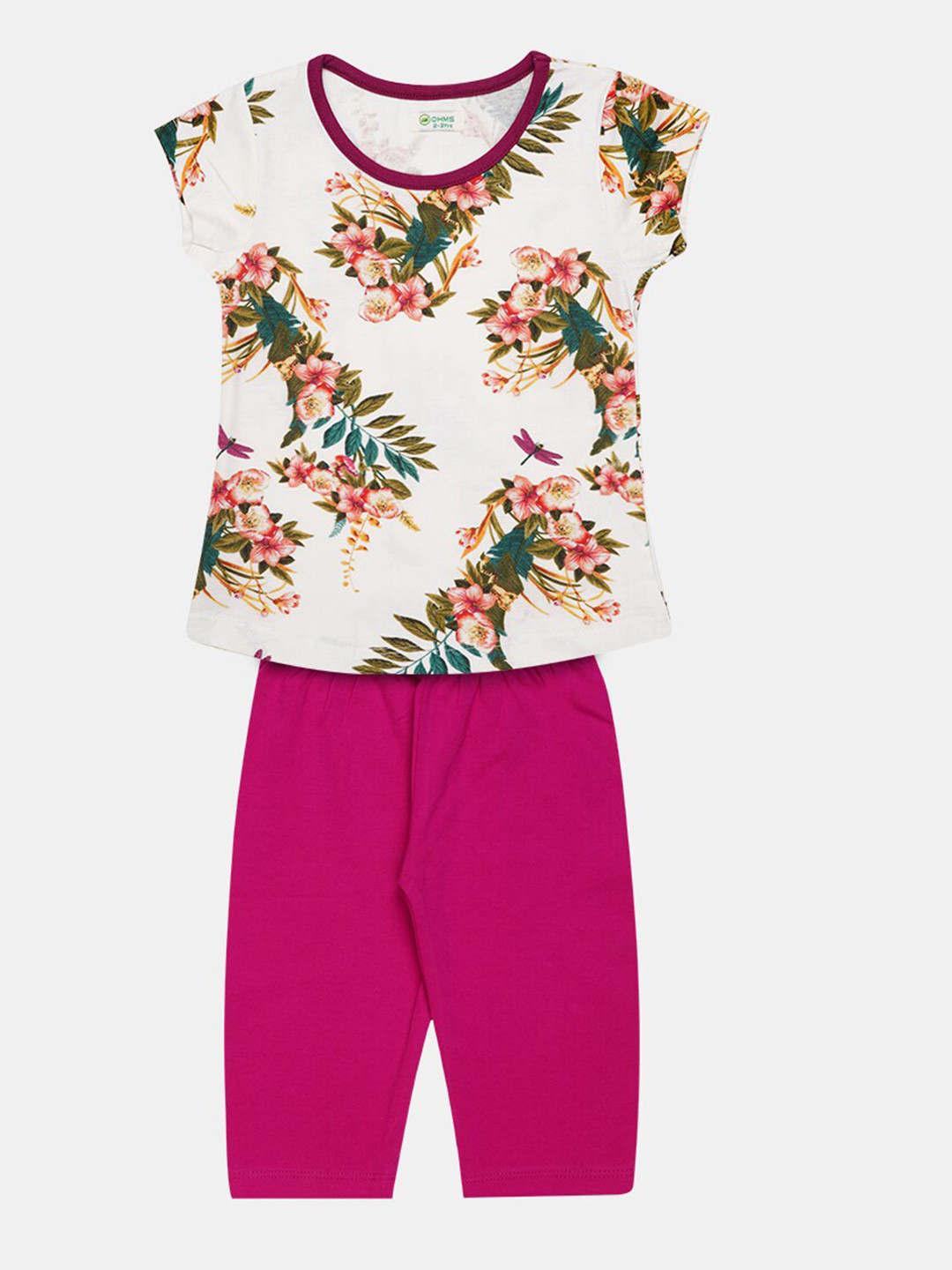 

OHMS Girls Cream-Coloured & Magenta Printed T-shirt with Capris