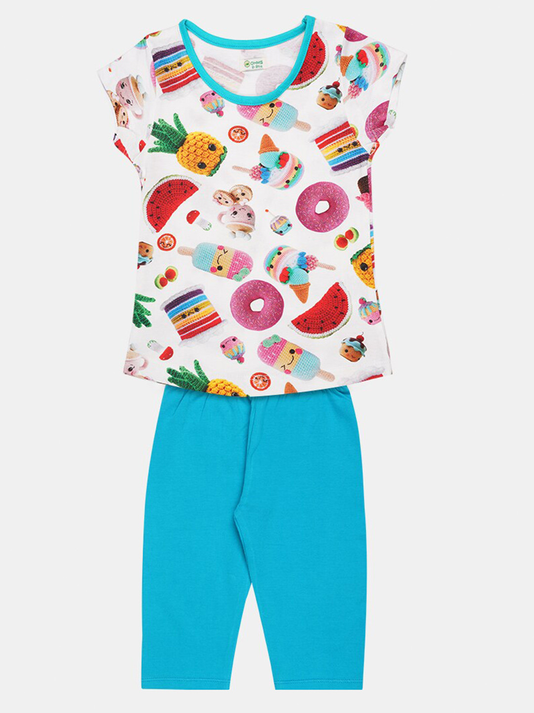 

OHMS Girls Turquoise Blue & White Printed T-shirt with Capris